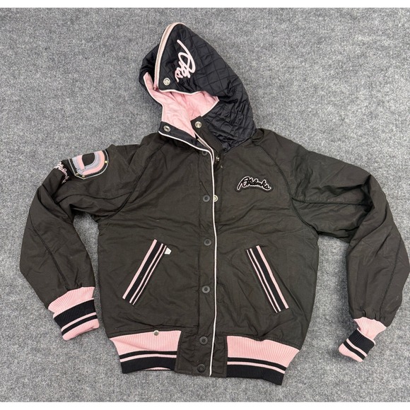 Akdmks Vintage Black Pink Quilted Hooded Bomber Jacket‎ Varsity Style Women's M - Picture 2 of 14
